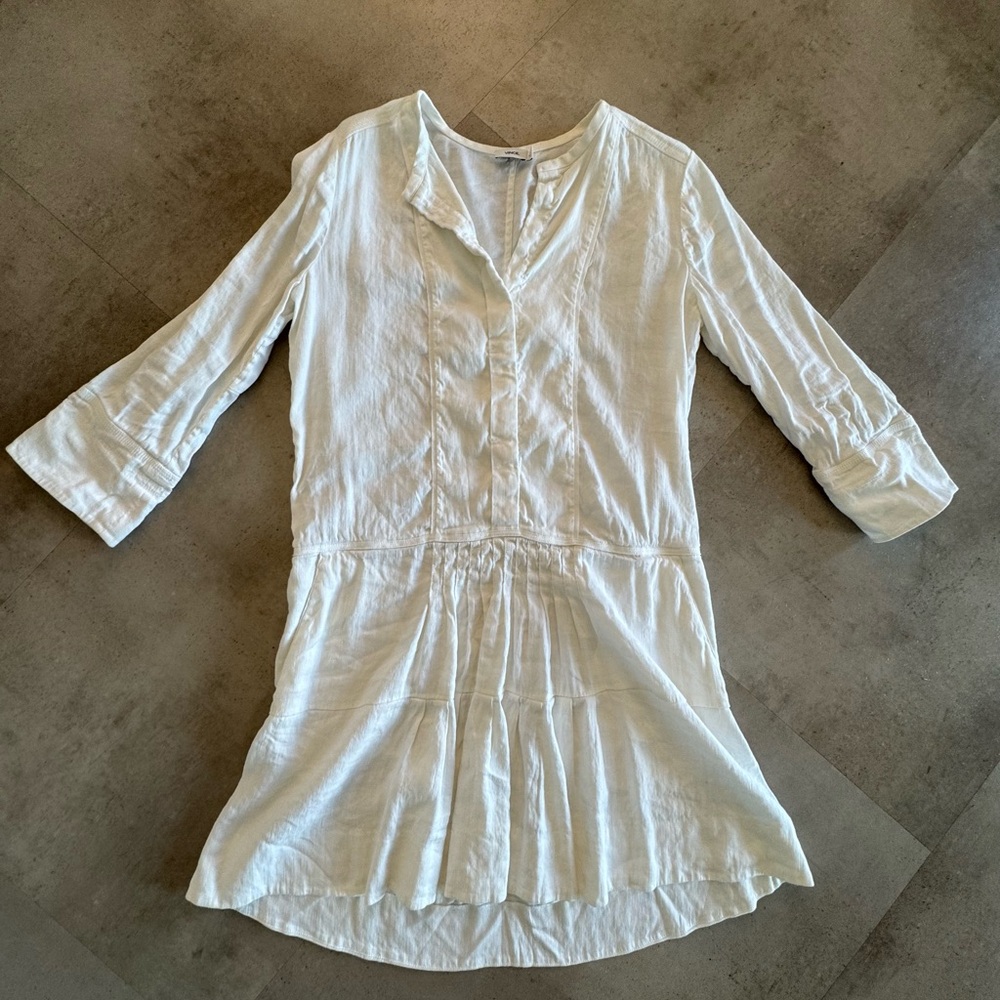 VINCE White Linen Dress Drop Waist French Cut Long Sleeve Dress
